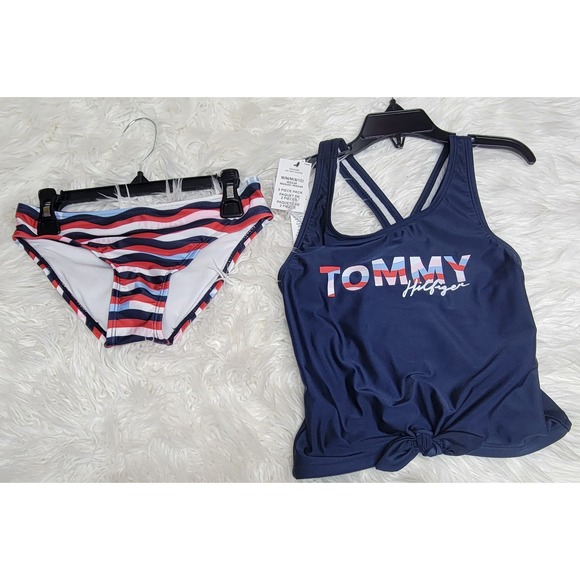 TOMMY HILFIGER Big Girls Logo Wave Print Tankini, 2 Piece Set S 360 - Picture 1 of 2
